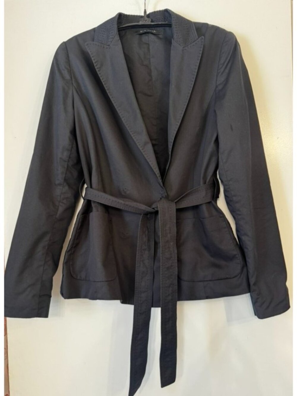 Eli Tahari Black Belted Blazer Classic Lapel Jacket 6 Stitch Double Breasted